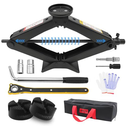 3-Ton/6613lbs Universal Scissor Jack kit with Rubber Cross Slot Jack pad, Car Spare Tire Repair Tools, Tire Changing Tools Kit with L-Wrenches（17/19/21/23mm）