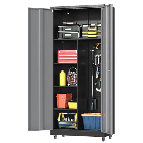 Metal Garage Storage Cabinet with 2 Doors, Adjustable Rolling Tool Storage Cabinet with Lock, 71" Steel Locking Tool Cabinet with Wheels and Shelves for Garage, Warehouse(Black&Gray, 71" H) - color: Black&gray, size: 71"H Tool Cabinet(2-Door)