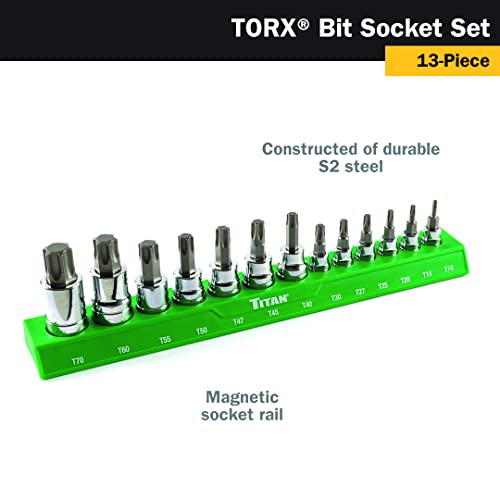 Titan 85532 13-Piece Torx Bit Socket Set, Magnetic Socket Organizer with Laser-Etched Size Markings - style: New Torx