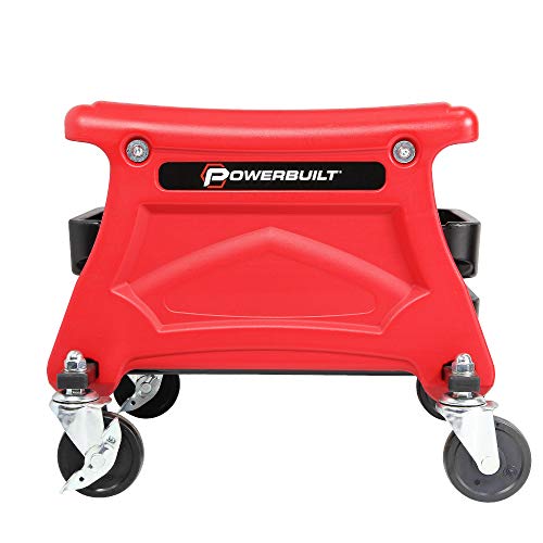 Powerbuilt Rolling Garage Seat with Tool Trays, Smooth Ball Wheel Bearing Casters 300 Pound Capacity Stool, Detailing, Motorcycle, Gardening - 240283 - style: Red, 14-Inch