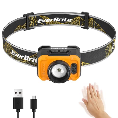 EverBrite 600LM Rechargeable Headlamp, Motion Sensor Head Lamp for Adults | Zoomable Beam, Motion Sensor, Memory Function, 600LM, Rechargeable, 75° Tilt, Spot & Floodlight, Camping, Work, Emergency - color: Amber Orange