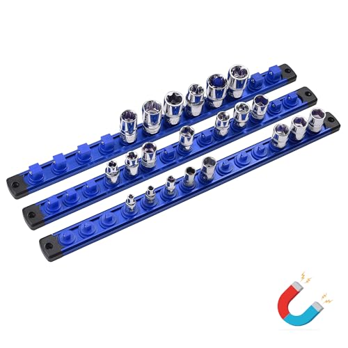 ALOANES Magnetic Socket Organizer Set, 3-Piece Heavy Duty Aluminum Socket Holder Socket Rail Organizer for Tool Box, 360° Swivel Clips Socket Rack 1/4, 3/8, 1/2-Inch x 40 Clips (Blue) - color: Blue, size: 3PC (1/4, 3/8, 1/2-Inch Drive)