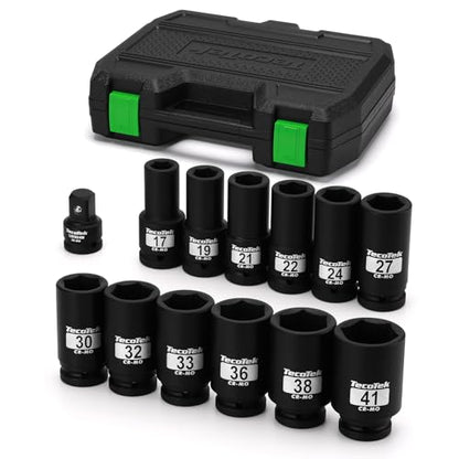 TecoTek 3/4" Drive Deep 6-Point Impact Socket Set, 13-Piece Jumbo Assortment, Cr-Mo, Metric (17mm to 41mm), 1/2" F to 3/4" M Impact Socket Adapter, for Large Vehicle and Apparatus Maintenance - size: 13-Piece (11/16" to 1-5/8")