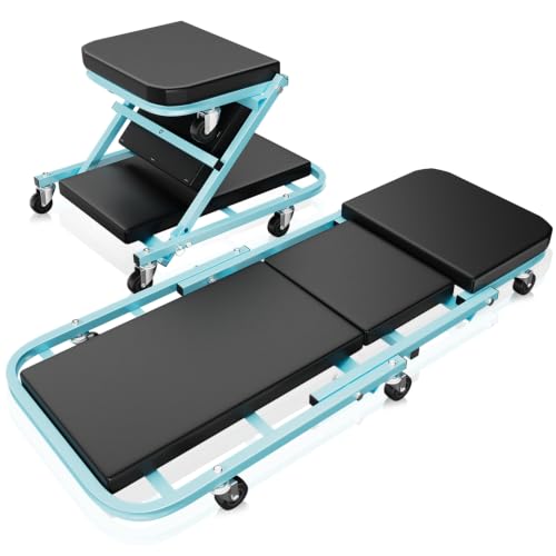 Auto Dynasty 40" Z-Creeper Seat, 2-in-1 Foldable Garage Creeper Shop Seat, 330 LBS Capacity Automotive Mechanic Repair Under Car Rolling Creeper Seat, Sky Blue - color: Sky Blue, size: 40 Inch