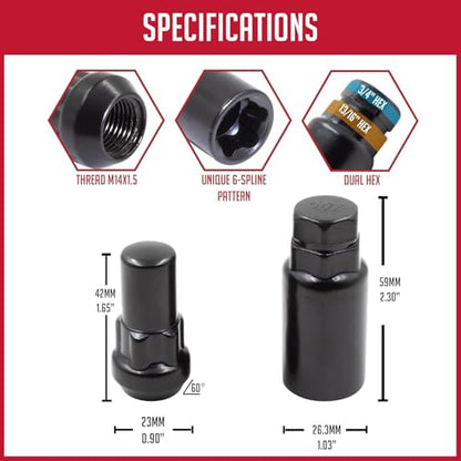 Wheel Accessories Parts 5 Locks + Key M14x1.5 14x1.5 Thread Closed End Bulge 1.65" Long Wheel Lock Black Dual Hex Key 13/16" and 3/4" Hex Fits Most Jeep Wrangler - color: Black