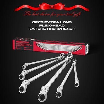 Extra Long Flex-Head Ratcheting Wrench Set, Anti-Slip 6-Piece Double Box End Wrench Set, 72-Teeth, Metric 8-19mm, CR-V Steel Wrench with Rolling Pouch - style: 6-Pc Extra-Long (Flex-Head)