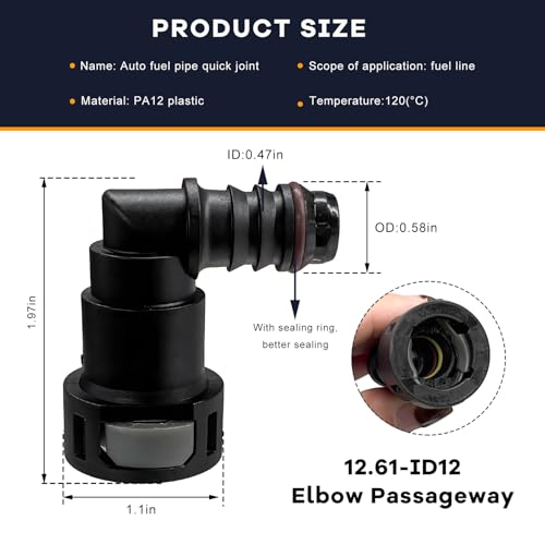 2 PCS Fuel Line Quick Connector, 1/2 SAE to 1/2 Nylon Tubing 90 Degree Elbow Fuel Line Connector, Elbow Bundy Female to Hose Barb Straight Quick Plugs for Most Vehicles - color: 12.61-ID12, Elbow