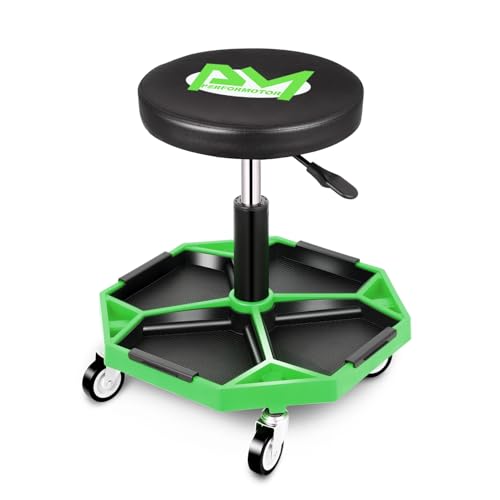 PM PERFORMOTOR Adjustable Height Pneumatic Garage Seat Rolling Mechanic Stool with Tool Tray Storage,300lbs Max Weight Capacity, Green,PM-TOL-ATS-GR - color: Green