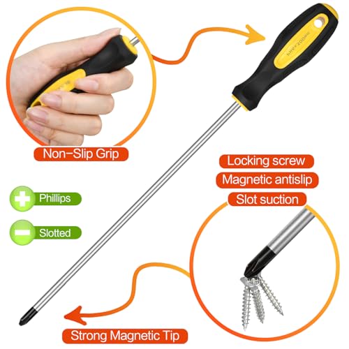 2pcs Long Magnetic Screwdriver Set, 12in Extra Long Phillips and Slotted | with Non-Slip Cushioned Handle Grip - color: 2pcs