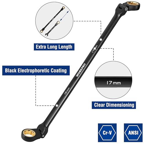 WORKPRO Extra Long Flex-Head Ratcheting Wrench Set, 5-piece Anti-Slip Double Box Wrenches Set, Metric 8-19 mm, 72-Teeth, Cr-V Steel and Black Electrophoretic Coating Wrenches with Rolling Pouch - size: Metric