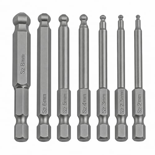 VESTTIO Ball End Hex Head Metric Allen Wrench Drill Screwdriver Bit Set 7PCS 1/4 Inch Hex Shank 2.56 Inch/65 mm Length S2 Steel with Magnetic for Power Screwdriver Drill Impact Driver | Industrial S2 alloy steel, 1/4 inch hex shank, magnetic tips, metric