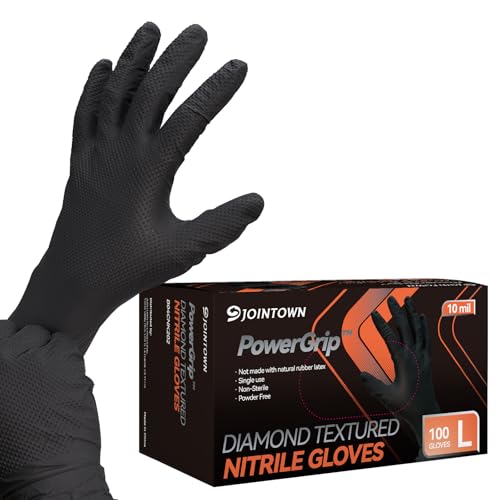 Jointown Upgraded 10 Mil Heavy Duty Nitrile Gloves, Mechanic Gloves Nitrile Disposable, with Raised Diamond Texture, Case of 100, Black, Large - color: Black 10 Mil, size: Large