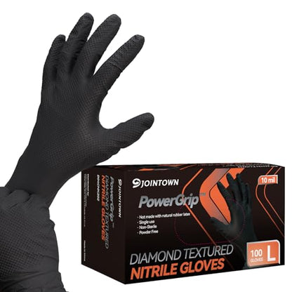 Jointown Upgraded 10 Mil Heavy Duty Nitrile Gloves, Mechanic Gloves Nitrile Disposable, with Raised Diamond Texture, Case of 100, Black, Large - color: Black 10 Mil, size: Large