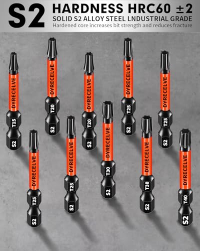 DYRECELVE Impact Torx Bit Set T15 T20 T25 T30 T40, 10-Pack 2 Inch S2 Steel Magnetic Power Bits for Impact Driver, 1/4 Inch Hex Shank Heavy Duty Magnetic Grip (Anti-Slip) - size: 10 Pcs T15-T40 Torx Bits