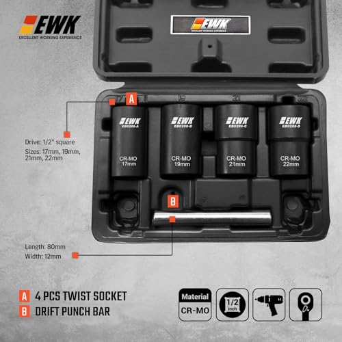 EWK 5 Pcs Lug Nut & Bolt Remover Extractor Set, 1/2 in Drive Twist Socket Lug Nut Removal Tool with Drift Punch Bar, 17mm 19mm 21mm 22mm CR-MO Bolt Extractor Sockets - style: Twist Socket Set