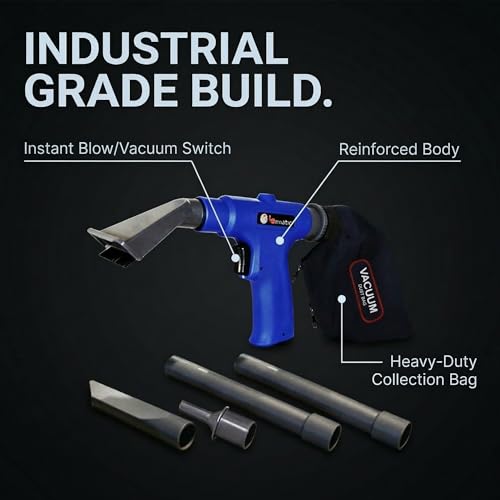 LE LEMATEC Pneumatic Air Vacuum Blow Gun, Dual-Action Detailing Cleaner | 150 PSI, 6-piece attachment kit, compressor-driven, automotive shop blower, workshop accessory