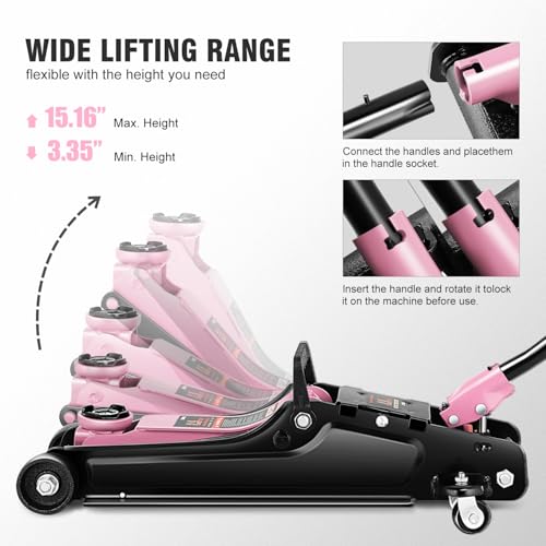 DNA Motoring Low Profile Hydraulic Trolley Service/Floor Jack, 2.5 Ton (5500 lbs) Capacity, Lifting Range 3.35"-15.16",Pink, TOOLS-00676-PK - color: Pink, style: 2.5 ton