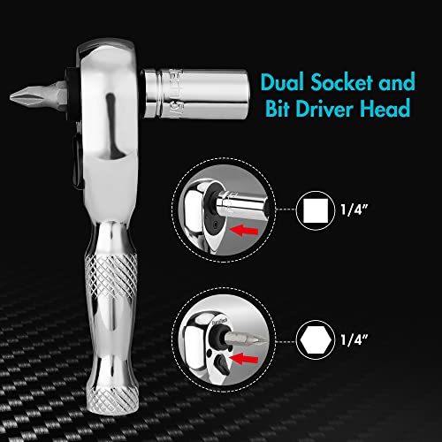DURATECH 1/4-Inch Stubby Ratchet Wrench, Socket&Bit Driver, 72-Tooth, Chrome Alloy Made, Chrome Plated Finish - style: 1/4" Dual Head Ratchet