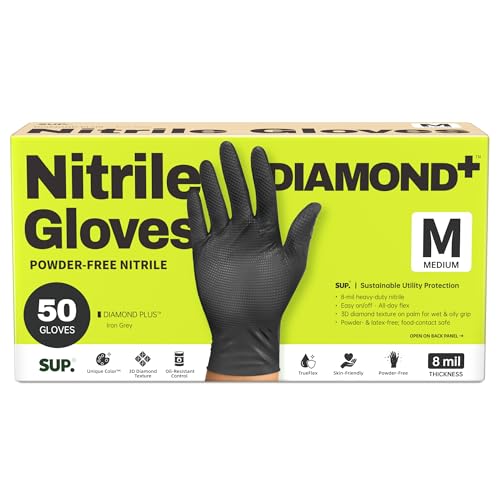 SUPER+ HEAVY DUTY Nitrile Gloves 8 Mil Diamond Texture Disposable Chemical Resistant Powder &Latex Free Food Safe Black 50 Ct - color: Medium (Iron-grey)