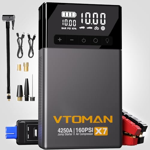 VTOMAN X7 Jump Starter with Air Compressor, 4250A&160PSI Pickup Trucks & Suvs Battery Car Jumper Starter Portable(10L Gas/10L Diesel) with Auto-Shutoff Tire Inflator, 12V Lithium Booster Box, QC3.0 - color: Gray