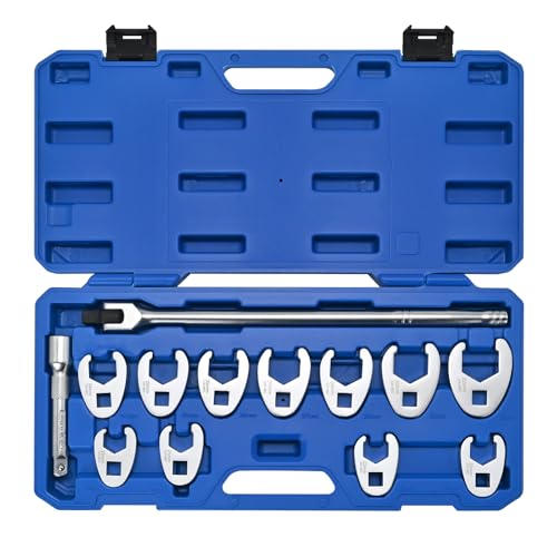 PURUS 13PCS 1/2 Drive Crowfoot Wrench Set, Large Sizes 20mm to 32mm Flare Nut Crow foot Wrenches with 14.7" Breaker Bar & 5" Extension Rod, Heavy Duty Mechanic Tools for Automotive & Truck Repair