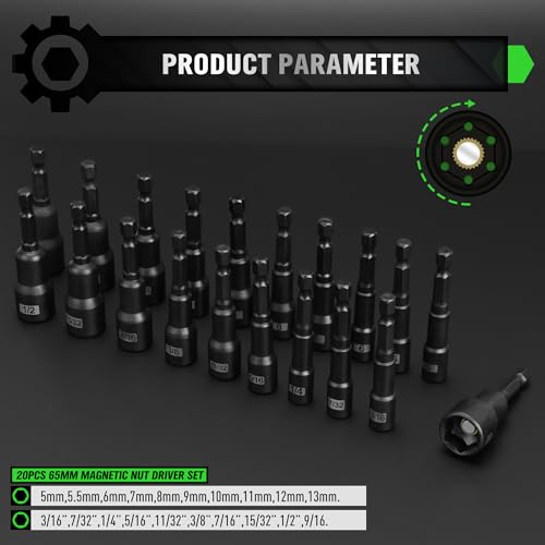 Magnetic Nut Driver Set, 20-Piece Metric & SAE 1/4" Hex Shank, Drill Socket Set, Impact Driver Bit Sets, Magnetic Bit Holder with Aluminum Alloy Snap Clip, 65mm Long Hex Bits, Quick Change Tool - style: 20PCS 65mm