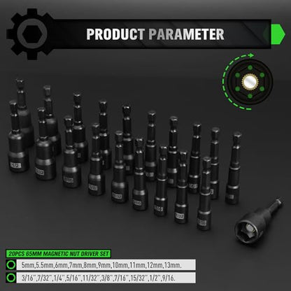 Magnetic Nut Driver Set, 20-Piece Metric & SAE 1/4" Hex Shank, Drill Socket Set, Impact Driver Bit Sets, Magnetic Bit Holder with Aluminum Alloy Snap Clip, 65mm Long Hex Bits, Quick Change Tool - style: 20PCS 65mm