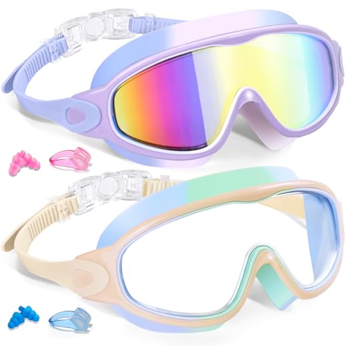 Keary 2 Pack Kids Swim Goggles for 3-15 UV Protection Anti-Fog Pool Water Swimming Goggles for Boys Girls Youth Toddler - color: Lavender Mirrored & Beige Mint