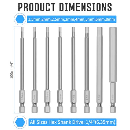8 Pcs S2 Steel Hex Bit Set, H1.5-H8, 100mm Length, 1/4" Shank | Magnetic Hex Head Allen Wrench Screwdriver Bit Set, 1/4" Hex Shank, Impact Driver Bits for Auto Repair, Furniture & DIY - size: 8 pcs/set, style: 100mm