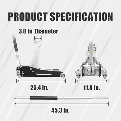 3 Ton (6,600 lbs) Low Profile Aluminum Hydraulic Racing Floor Jack with Dual Piston Quick Lift Pump, Lifting Range 3.74" to 18.9", for Cars, Trucks and SUVs, Black - color: black