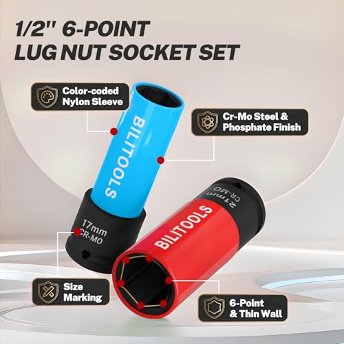 BILITOOLS 5pcs Impact Lug Nut Socket Set, 1/2" Drive Non-Marring Thin Wall | Metric 17/19/21mm & SAE 13/16-7/8", Cr-Mo Steel, Thin Wall, 6-Point Flank Drive, Color-Coded, Impact-Rated - style: Lug Nut Socket Set