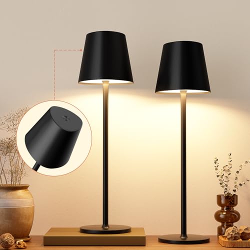 Kakanuo Cordless Table Lamp, 3 Color Stepless Dimming, 5000mAh Rechargeable Battery Powered, Outdoor LED Lamps, for Dining Room, Living Room, Bedroom, Bar, Cafe, Restaurant, Patio, Camping - Black - color: Black - Triangle Shade, size: 2 Pack 14in - Down