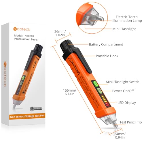 Neoteck Non-Contact AC Voltage Tester Pen, AC 12-1000V, LED Flashlight, Buzzer Alarm for Live/Null Wire Judgment