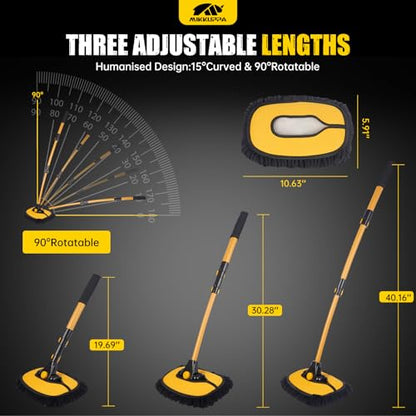 MIKKUPPA 40" Car Wash Brush with Long Handle Aluminum, Removable Brush Head | 15°Curved Wash Mop with Telescopic Handle, Scratch-Free Chenille Microfiber Brush Head, for Car SUV RV Truck Caravan Boat