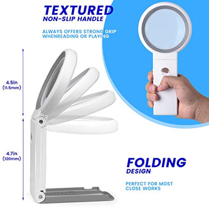 Magnifying Glass with Light and Stand, Foldable Handheld Magnifying Glass 18 LED Illuminated Lighted Magnifier for Macular Degeneration, Seniors Reading, Close Work, Coins, Jewelry White - color: White
