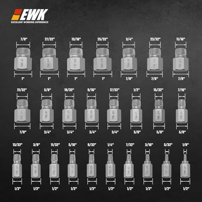 EWK 25-Piece Multi-Spline Screw Extractor Set, CR-MO Easy Out Bolt and Screw Remover for Stripped Screws, Rounded Bolts, Damaged Hex Heads, Broken Studs, and Rusted Fasteners - style: 25 Pcs Screw Extractor