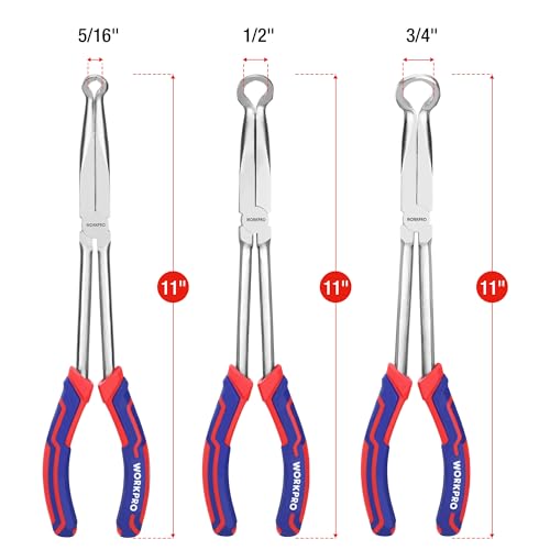 WORKPRO 3 PCS 11" Hose Gripper Plier Set, Dia. 5/16'', 1/2'' and 3/4'' | Long Reach Hose Gripping Pliers, Spark Plug Boot Removal Pliers, Serrated Jaws for Hard to Reach Narrow Spaces