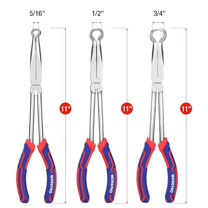 WORKPRO 3 PCS 11" Hose Gripper Plier Set, Dia. 5/16'', 1/2'' and 3/4'' | Long Reach Hose Gripping Pliers, Spark Plug Boot Removal Pliers, Serrated Jaws for Hard to Reach Narrow Spaces