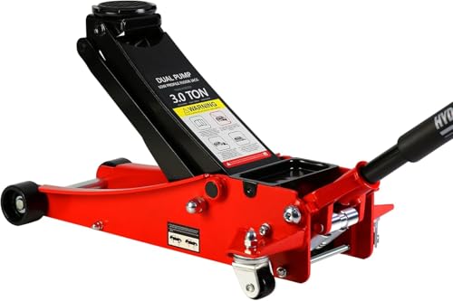 3 Ton Low Profile Floor Jack, Heavy Duty Steel Racing Floor Jacks with Dual Pistons Quick Lift Pump, Lifting Range 3.3"-19.7", Professional Hydraulic Car Jack 3 Ton/6000 LBS Capacity, Red - color: Red - 3 Ton(Dual Pump), Lift 3.3"-19.7"