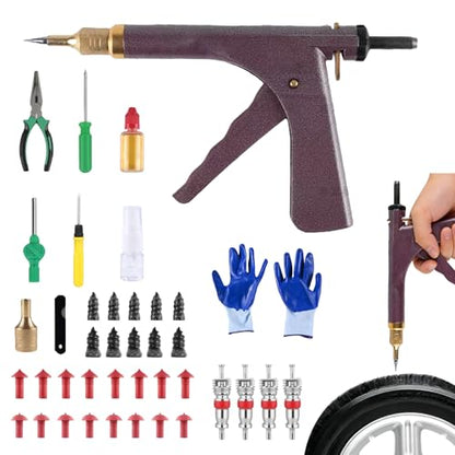 Tire Repair Kits Tubeless Tire Puncture Repair Kit with Mushroom Plug, Repairs punctures and Flat Tires for Motorcycles, Cars, Trucks, ATVs,Gun Puncture Repair Kit(Air Pump not Included Red) - color: Red+42