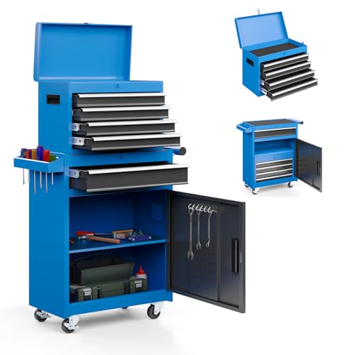 AirWire 5-Drawer Rolling Tool Chest Blue | Metal Tool Storage Cabinet with Detachable Top Tool Box, for Garage Workshop - color: Blue, style: 5-Drawers