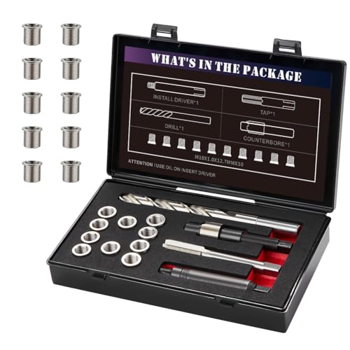 M10X1.0X12.7MM Thread Repair Kit with Insert HSS Drill, Tap, Counterbore, Installation Driver, Metric, 10PCS Stainless Steel Insert M10X1.0X12.7MM - size: M10X1.0X12.7MM Thread Repair Kit