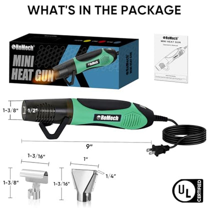 ROMECH 350W Heat Gun with 2 Nozzles, Dual Temp Heat Gun 400°F-660°F, Fast Heat Hot Air Gun with Overload Protection for DIY Craft Embossing Shrink Wrapping (Green) - color: Green