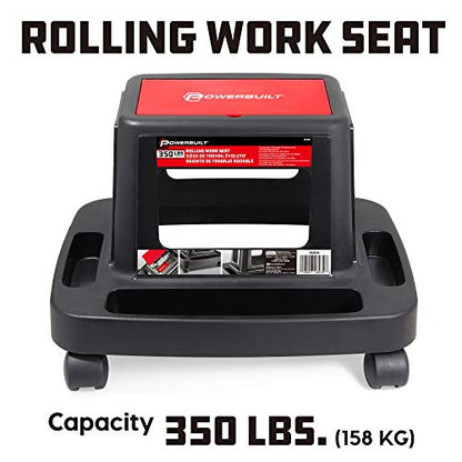 Powerbuilt Heavy Duty Injection Rolling Work Seat, Under-seat Storage Holds Tools, 3 Trays in Base Hold Tools and Small Parts, 350-pound Load Capacity - 620526