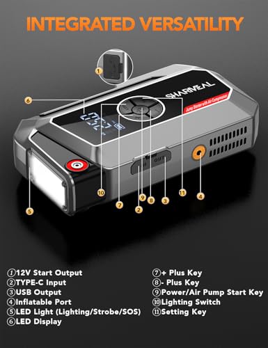 Sharmeal Jump Starter with Air Compressor, 7000A Car Battery Jump Starter (All Gas /12.0L Diesel), 200PSI Jump Starter Power Pack Portable 12V Jump Box with Jumper Cables, LED Light - color: Grey-7000A+ Air Compressor