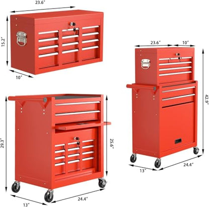 8-Drawer High Capacity Rolling Tool Chest, Removable Cabinet Storage Tool Box with Wheels and Drawers - color: Red