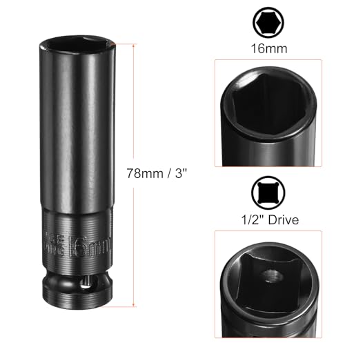 HARFINGTON Deep 6-Point Impact Socket 1/2" Drive 16mm Metric Socket 3" Length with 1/4" Hex Shank Adapter, CR-V Steel Socket Adapter Accessory Tool Set Kit for Hex Bolts Nuts - size: 16mm