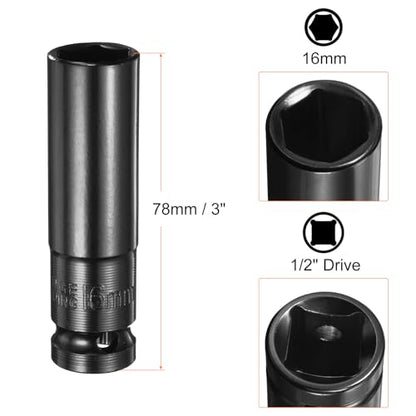 HARFINGTON Deep 6-Point Impact Socket 1/2" Drive 16mm Metric Socket 3" Length with 1/4" Hex Shank Adapter, CR-V Steel Socket Adapter Accessory Tool Set Kit for Hex Bolts Nuts - size: 16mm