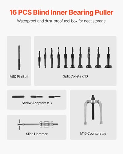 VEVOR Blind Hole Bearing Puller Set, 16-in-1 Inner Bearing Race and Seal Extractor Kit, 16 PCS Slide Hammer Pilot Insert Inner Internal Bearing Removal Tool Set with 10 Split Collets and Counterstay - color: Silver + Black
