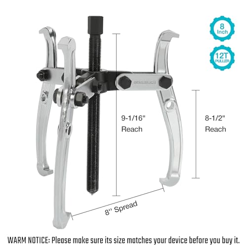 DURATECH 8-Inch 3-Jaw Gear Puller, Assembly Required, CR-V Steel | Black Phosphated, Anit-Slip, Corrosion Resistance, for Narrow Spaces, Bearing Puller, for Gears, Pulleys, Bearings, Flywheels - size: 8-Inch (assembly required)